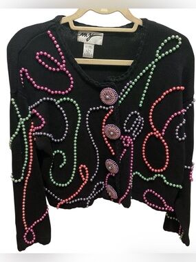 Vintage Black Beaded Sweater with Outrageous Buttons by MY 1990s Large